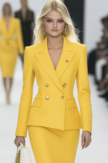 Yellow 2 Piece Bodycon Peak Lapel Double Breasted Mini Work Dress